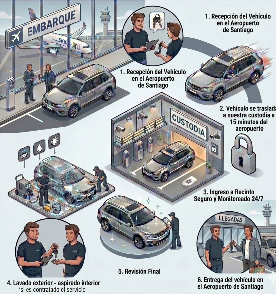 Infografía del proceso de custodia vehicular de Yo Te Salvo: recepción en aeropuerto SCL, traslado a recinto seguro 24/7, lavado y entrega en llegadas.